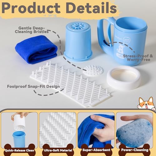 Medium Pet Paw Cleaner Cup - Easy Press Design Dog Foot Washer with Soft Massage Brush & Absorbent Towel - Reusable Durable Paw Cleaning Cup for Dogs Cats, Easy to Clean Handheld Bath Tool