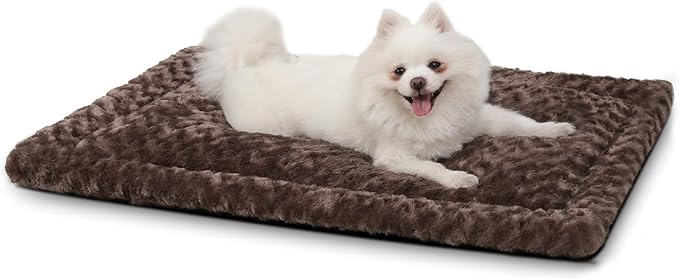 Exsnugy Washable Dog Bed Mat Medium Size Fluffy Pet Crate Pad 30x19 | Non-Slip Bottom Kennel Beds Ultra Soft Comfy Sleeping Mattress for Large Medium Small Dogs Brown