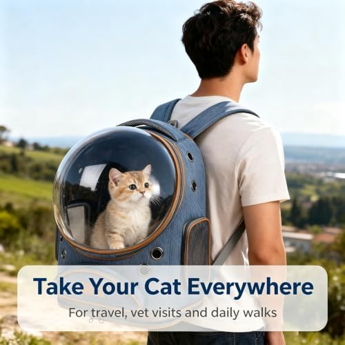 Cat Backpack Carrier, Breathable Cat Carrier Large Space Bubble Pet Backpack for Small Dog and Large cat up to 18lbs, Transparent & Foldable Pet Carrier for Travel Hiking (Blue)