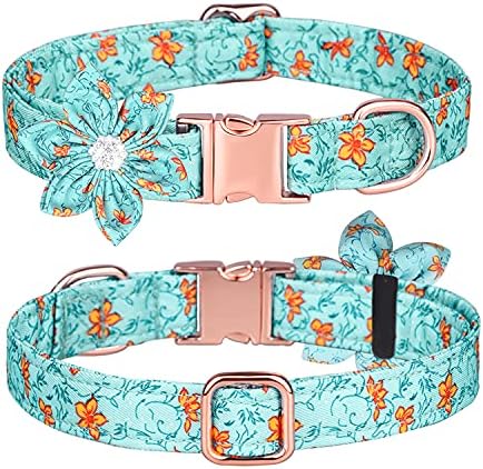 Floral Pattern Dog Collar - Cute with Detachable Rhinestone Flower for Female Puppy to Large Dogs (M, Blue)
