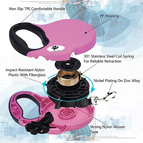 16 ft Retractable Dog Leash for Large Dogs up to 110 lbs,Tangle-Free Nylon Tape,Pink L