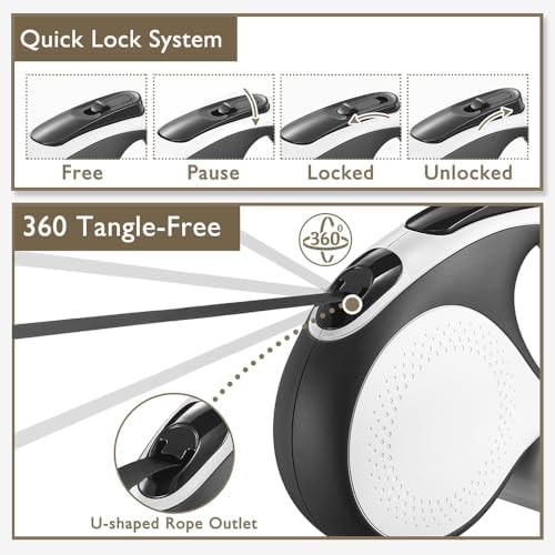 Retractable Dog Leash with Chew Proof Cable,26 ft Durable Dog Leash for Large Medium Dogs up to 110 lbs, 360° untangled, One-Handed Brake. (White)