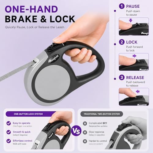 Heavy Duty Retractable Dog Leash-16ft Strong & Durable Walking Leash for S to L Dogs up to 45/115 lbs, Upgraded Lock System, Non Slip Grip, Tangle Free (Grey, Medium-Large Sized)