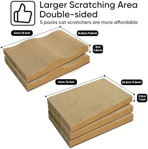 5 Packs Cat Scratcher Set with Storage Box, 2 Wave Lounge Pads + 3 Flat Corrugated Cardboard Scratch Pads for Indoor Cats, Replaceable Scratch Boards to Protect Furniture