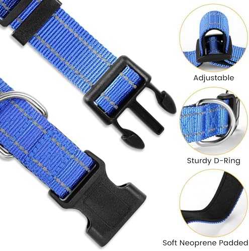 Personalized Dog Collars - Adjustable Reflective Dog Collar with Name Tag Engraved, Soft Neoprene Padded Breathable Nylon Dog Collar for Small/Medium/Large Dogs, Navy Blue, M