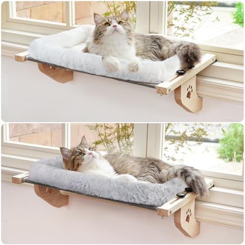 AMOSIJOY Wooden Cat Windowsill Perch with Zipper Cushion Bed, 24.4in