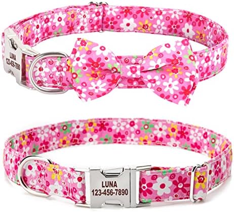 Personalized Dog Collar with Bow Tie - Birthday Custom Dog Collar Flower with Metal Buckle Adjustable Cute Collar for Girl Puppy Small Medium Large Dog