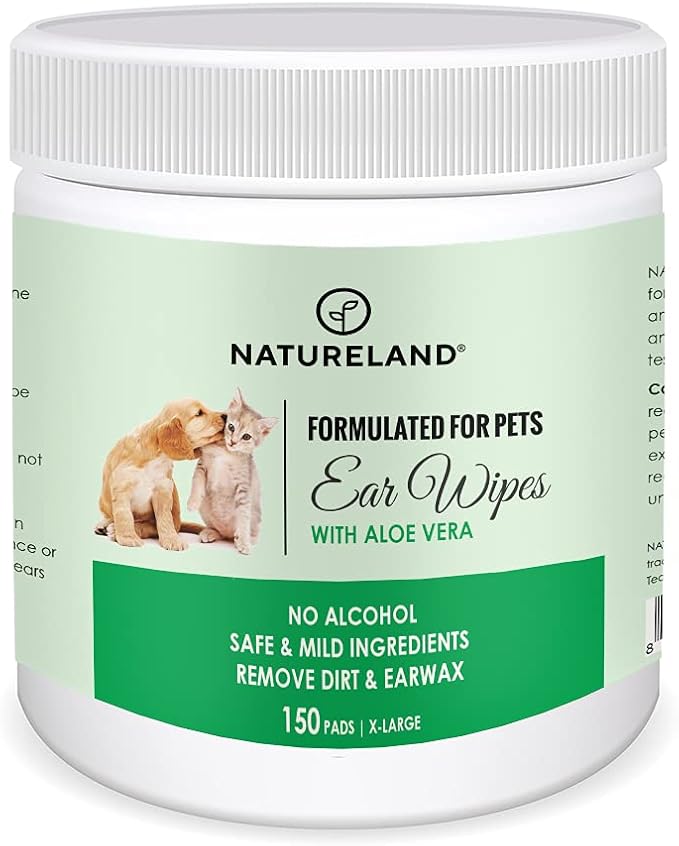 Natureland Dog Ear Wipes, Extra Large Otic Cleaning Pads, 150 Count | Gently removes dirt, wax and debris and helps reduce ear odor in dogs and cats; soft textured pads for weekly grooming