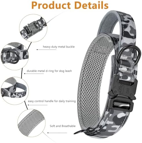 HYDEME Tactical Dog Collar, Alpine Loop Adjustable Military Training Nylon Dog Collars with Handle and Reflective for Small Medium Large Dogs, with Airtags Protective Case & Patches.(XL,Camo)