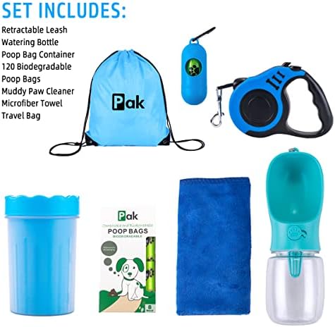 Pak Pooch Pack - Retractable Leash, Water Bottle, Paw Cleaner, Poop Bags - Small Dog Leash, Portable Dog Water Bottle
