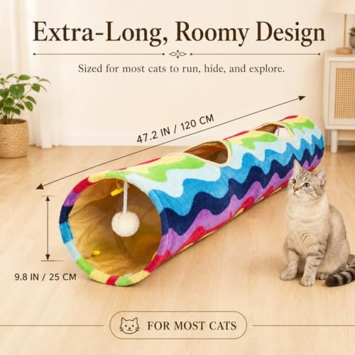 Cat Tunnel -Straight-Shaped, Rainbow Wave Color, Soft Velvet Exterior, Oxford Fabric Fog-Proof Interior, Plush Toy Ball, Easily Washable, Conveniently Foldable, 47.2in/120cm