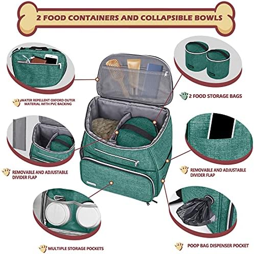 BAGLHER丨Dog Travel Bag Backpack, Airline Approved Pet Supplies Backpack, Dog Travel Bag with 2 Silicone Collapsible Bowls and 2 Food Baskets Green