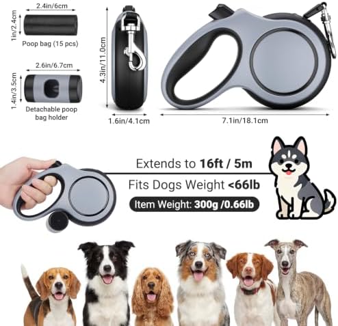 Segarty 16 Ft Retractable Leash with Waste Bag Dispenser, 5m Dog Leash with Anti-Slip Handle 360°Tangle-Free Retraction for Pet up to 66 Lbs, Durable Walking Accessory with One-Handed Brake Pause Lock