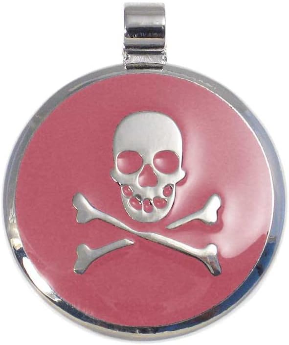LuckyPet Pet ID Tag - Skull & Crossbones Jewelry Tag - Dog Tags & Cat Tags - Custom Engraved on Back Side - Size: Small, Color: Pink