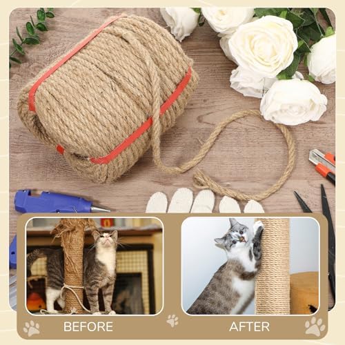 Natural Jute Cat Sisal Rope, Boho Colorful Cat Tree Rope, Multipurpose for Scratching Post Replacement, Lightweight for Indoor & Outdoor, Marine and DIY Projects(1/3in ×164ft,Original Color)