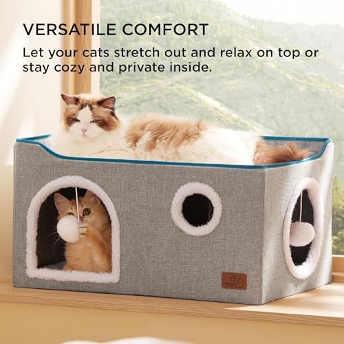 Bedsure Extra Wide Cat House Bed with Fluffy Ball and Scratch Pad,Grey