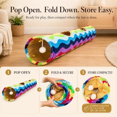 Cat Tunnel -Straight-Shaped, Rainbow Wave Color, Soft Velvet Exterior, Oxford Fabric Fog-Proof Interior, Plush Toy Ball, Easily Washable, Conveniently Foldable, 47.2in/120cm