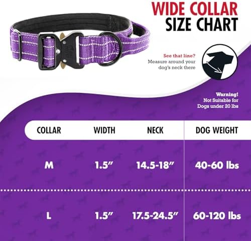 Tuff Pupper Tactical Dog Collar | Heavy Duty 1.5" Wide Ballistic Nylon | Training Control Handle | Quick-Release Metal Buckle | Reflective Bands | ID Tag Holder | Padded Inner Lining (Purple, Medium)
