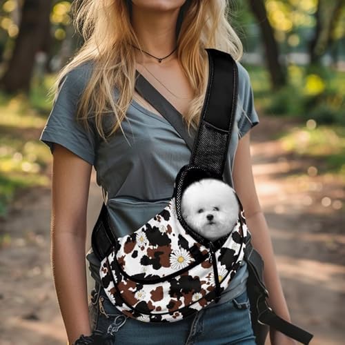 Cow Pattern Dog Carriers for Small Dogs Backpack Pet Sling Carrier Breathable Mesh Travel Pet Handbag Safe Sling Bag Carrier for Dogs Cats with Adjustable Shoulder Strap and Reinforced Buckle