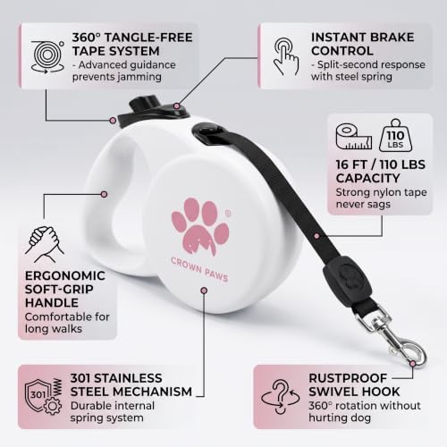 Retractable Dog Leash, 16ft Heavy Duty Nylon Tape for Large Dogs up to 110 lbs, One-Hand Brake & Lock, Tangle-Free, Ergonomic 3.2" XL Handle, Lightweight 0.56lb White L GC-DAN