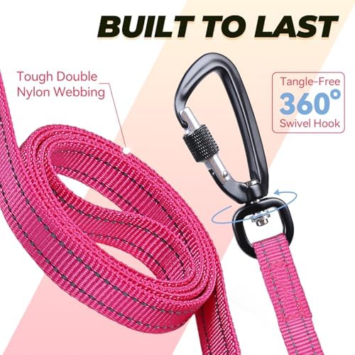 VIVAGLORY Double Handle Dog Leash Twingrip, 6ft x 1/2in, Pink-Carabiner