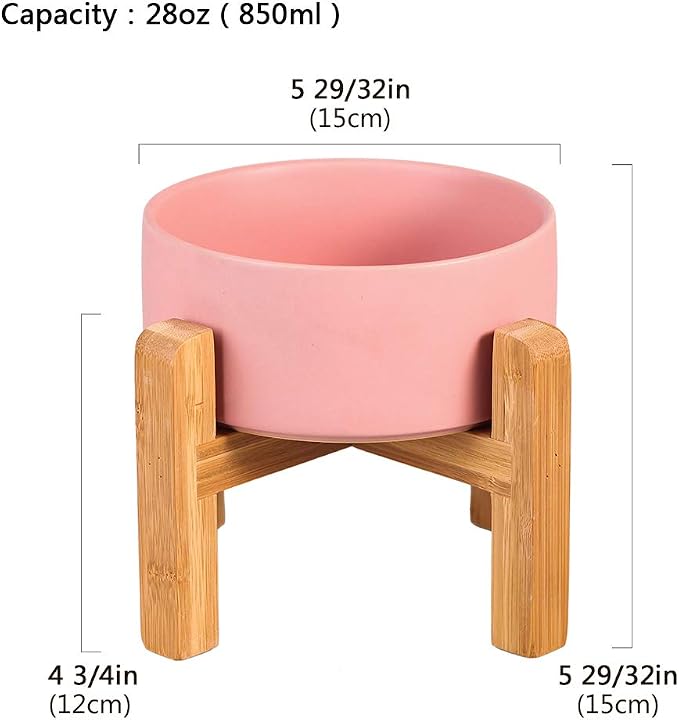 Pink Ceramic Elevated Raised Cat Bowl with Wood Stand No Spill Pet Food Water Feeder Cats Small Dogs