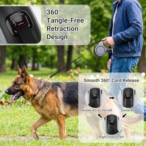 Segarty 26 Ft Walking Lead with Poop Bag Holder for Dog 66 lbs - 110 lbs, 8m Dog Leash Retractable with Anti-Slip Handle & One-Handed Brake Pause Lock, 360°Tangle-Free Leash for Pet Outside Activities