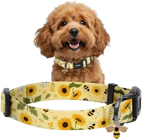 Kazazoo Dog Collar Cute and Soft Nylon Puppy Collar for Boy and Girl Dogs, Adjustable Dog Collars for Small Dogs, Bees and Sunflowers-S