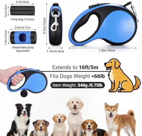 Segarty 16 Ft Retractable Dog Leash with Detachable Poop Bag Holder, 5m Walking Leash for Pets up to 66 lbs, 360°Tangle-Free Dog Lead with Anti-Slip Handle & One-Handed Brake Pause Lock for Outdoors