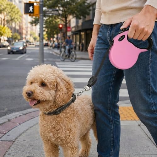 Small 13 FT Retractable Dog Leash – Hands-Free Adjustable Leash for Dogs Up to 22lbs, Tangle-Free Nylon with Ergonomic Grip for Walking, Training & Outdoor Safety Pink S