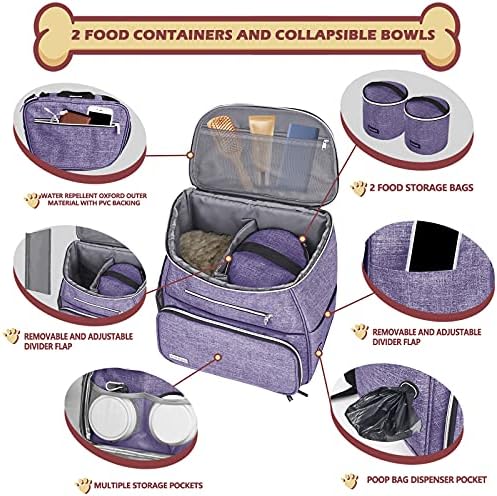 BAGLHER丨Dog Travel Bag Backpack, Airline Approved Pet Supplies Backpack, Dog Travel Bag with 2 Silicone Collapsible Bowls and 2 Food Baskets Purple