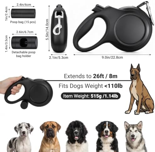 Segarty 26 Ft Walking Lead with Poop Bag Holder for Dogs 66 lbs - 110 lbs, 360°Tangle-Free Leash with Anti-Slip Handle & One-Handed Brake Pause Lock, 8m Retractable Leash for Dog Pets Outside Activity