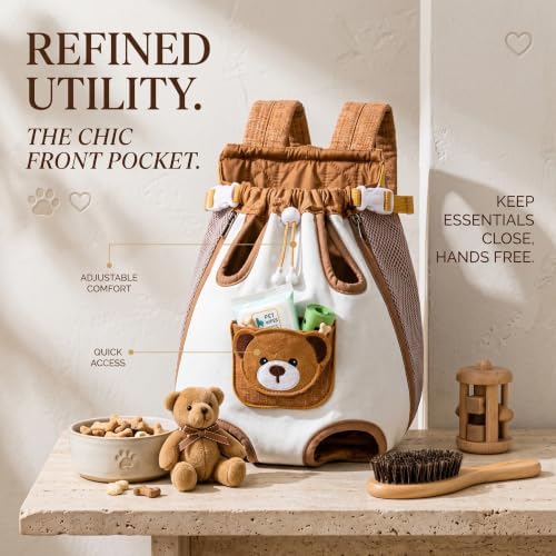 Cute Bear Design Front Pet Carrier Backpack, Adjustable Breathable Front Facing Pet Carrier for Small Dogs and Cats, Hands-Free Legs Out Puppy Chest Bag for Outdoor Hiking & Bike Riding，Medium