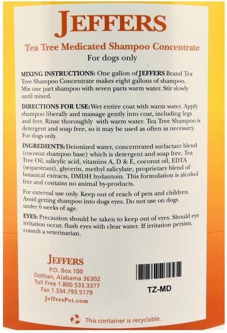Jeffers Pet Tea Tree Medicated Deodorizing Dog Shampoo for Dry Skin, 128 oz