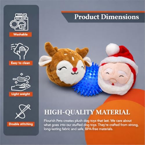 Flourish Pets 2 in 1 Christmas Multi-Layer Chew Toy for Active Dogs | Non-Toxic BPA Free Double Stitched Soft Fabric and Long-Lasting Dog Plush Toys - Christmas 3.5" (2 Pack)