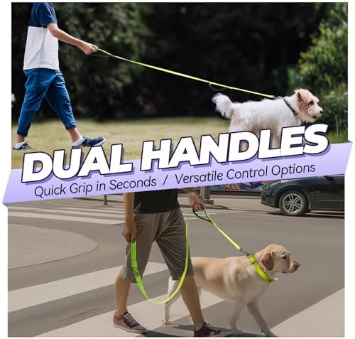 VIVAGLORY Double Handle Dog Leash Twingrip, 4ft x 1/2in, Neon Yellow