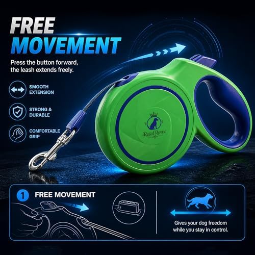 Retractable Dog Leash 16 FT (5M) – Heavy Duty Tangle-Free Dog Leash with One-Touch Brake & Lock, Reflective Nylon Tape, Ergonomic Non-Slip Handle for Small, Medium & Large Dogs up to 50 KG