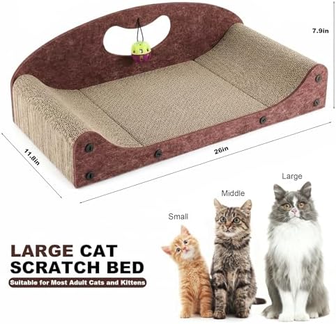26" Cat Scratcher Bed, Large Scratcher Couch for Indoor Cats, Cardboard Scratcher Sofa, Durable Scratch Pad with Ball, Furniture Protector (Brown, Large)