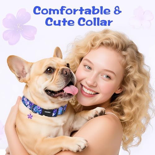 Kazazoo Dog Collar Cute and Soft Nylon Puppy Collar Girl Dogs, Adjustable Purple Dog Collars for Medium Dogs, Purple Flowers-M