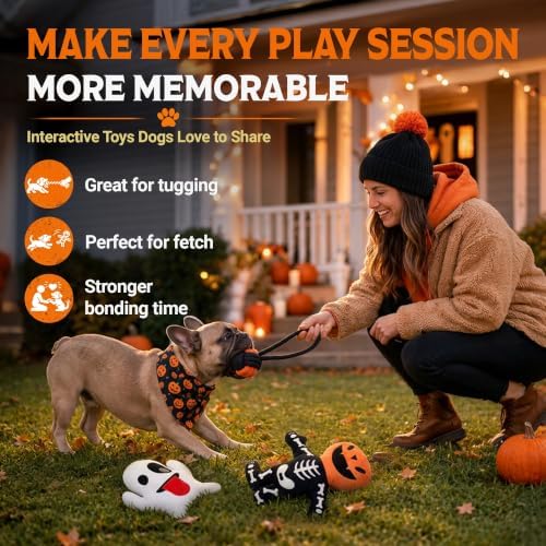 Pacific Pups Products Halloween Dog Toys for Small Dogs — 3-Pack | 2 Halloween Dog Plushies + Rope Toy | Soft, Squeaky & Spooky | Benefits Dog Rescue