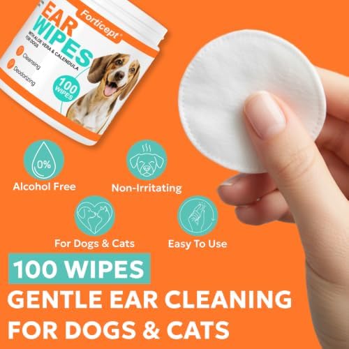 Forticept Dog Ear Wipes, Dog Ear Cleaner, Odor Control, Dirt and Wax Removal with Soothing Aloe Vera & Eucalyptus, Regular Wipes, 100 Count