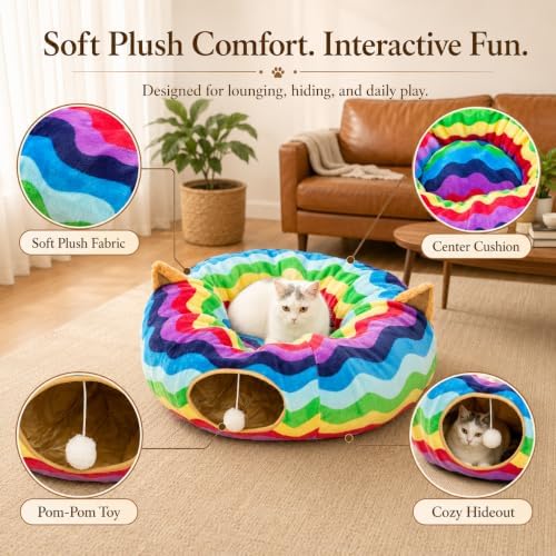 Large Cat Tunnel Bed Under Christmas Tree with Fluffy Toy Balls, Small Cushion and Flexible Design- 10 inch Diameter, 3 ft Length- Great for Cats, and Small Dogs, Rainbow Wave Color