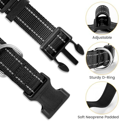 Personalized Dog Collars - Adjustable Reflective Dog Collar with Name Tag Engraved, Soft Neoprene Padded Breathable Nylon Dog Collar for Small/Medium/Large Dogs, Black, S