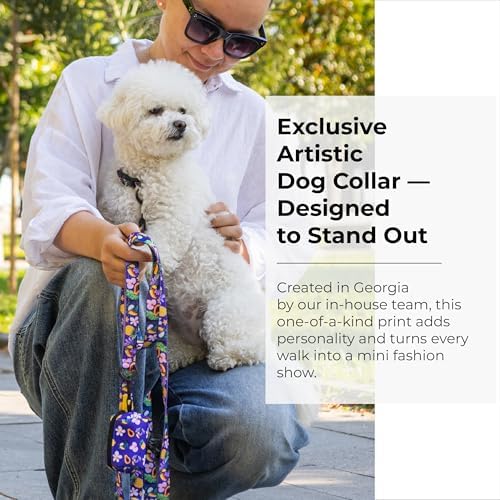 KIKI & RIKI Soft Nylon Dog Collar for Medium Dogs, Adjustable, Quick-Release Buckle, Size M (Neck 13.0-20.9"), Purple Artist-Designed Print