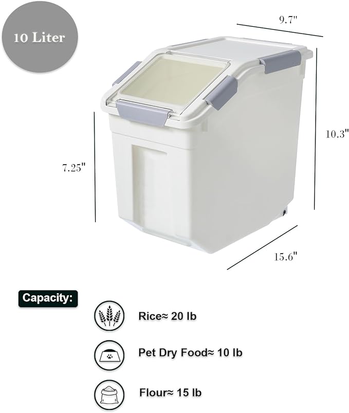 10 Liter / 20 lbs Rice Storage Container with Measuring Cup, BPA free, For Rice | Grain | Pet Food | Flour, 1 count, White