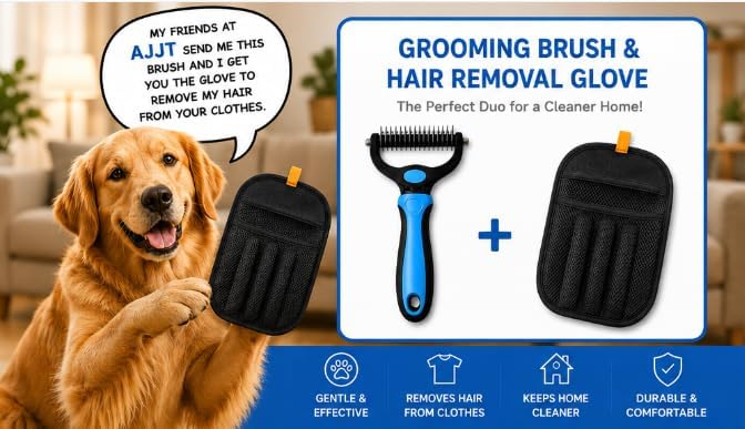 Pet Grooming Brush & Pet Hair Remover Glove Bundle | Keep your pet looking great and your home cleaner with the AJJT Pet Grooming Brush & Hair Removal Glove Bundle.