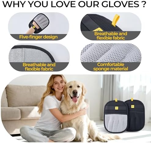 2 Pack Pet Hair Removal Glove for Dogs & Cats - Cat Hair Remover & Dog Hair Removal Tool, Electrostatic Reusable Pet Hair Glove for Furniture, Laundry, Couch, Carpet & Car Seat (Gray/Black Combo)