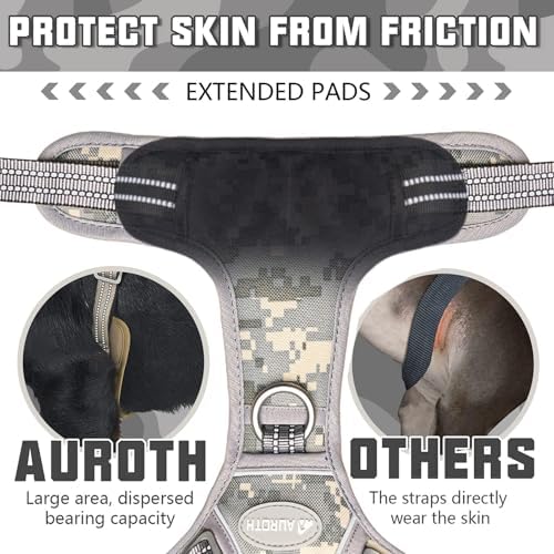 Auroth Tactical Dog Training Harness No Pulling Front Clip Leash Adhesion Reflective K9 Pet Working Vest Easy Control for Small Medium Large Dogs Grey Camo L