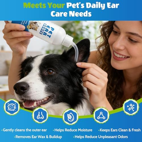 Dog Ear Cleaner with 50 Dry Finger Wipes – Plant-Based Gentle Ear Solution for Dogs & Cats, Helps Remove Wax & Odor, Comfortable Cleaning for Sensitive Ears, 4.06 fl oz