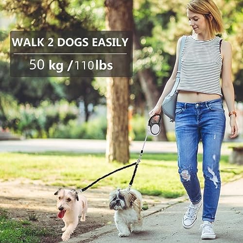 Dual Retractable Dog Leash for 2 Large Dogs (Up to 110 Lbs Each) - 18.5 FT Extendable Double Headed Pet Leash with Poop Bags, Non Slip Grip - One Button Break & Lock, 360 Tangle-Free (Gray, Large)